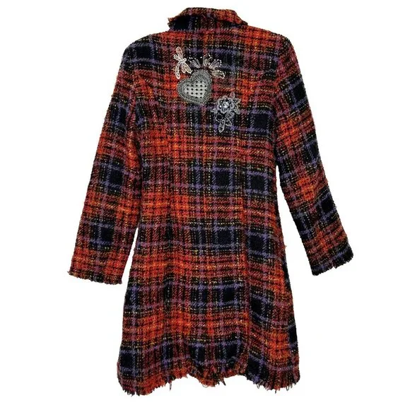 Desigual Coat Womens Size Small Boucle Tweed Plaid 3/4 Jacket  Wool Blend - Picture 2 of 3